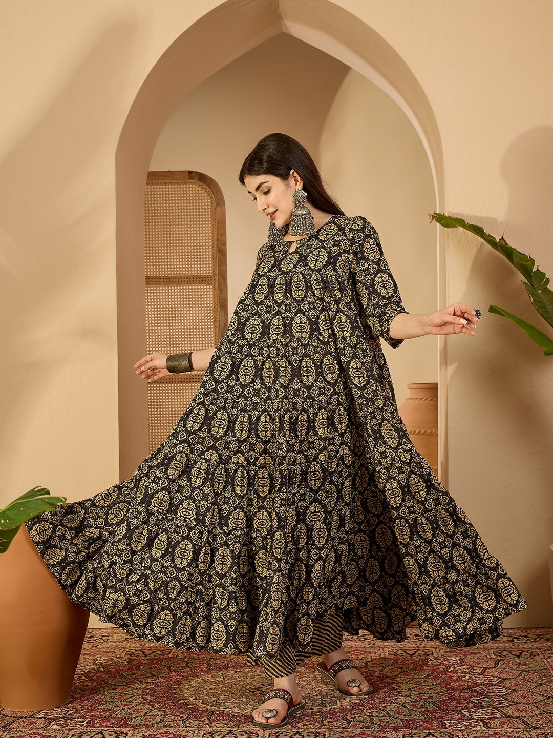 Cotton Calf Length Printed 3/4 Sleeve Key Hole Neck Anarkali Kurta Suit Set