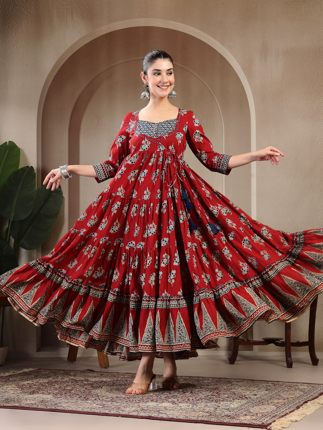 Cotton Ankle Length Printed 3/4 Sleeves Sweetheart Neck Anarkali Kurta (Pre-Order)