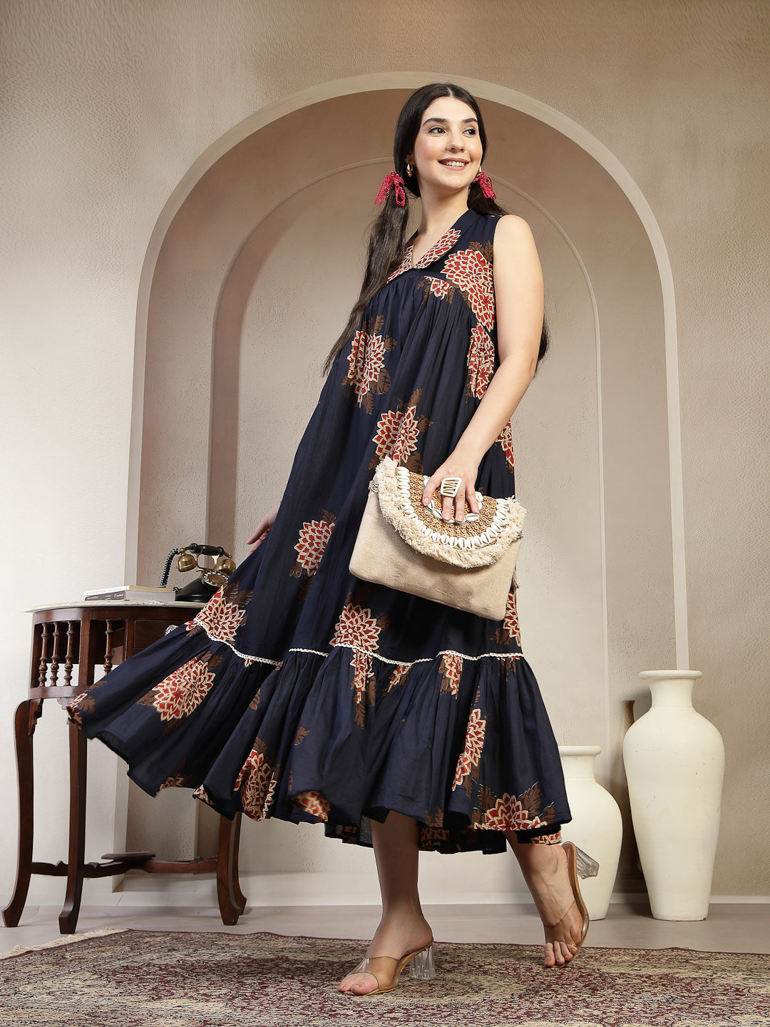 Cotton Calf Length Printed Sleeveless Collard Neck Flared Kurta