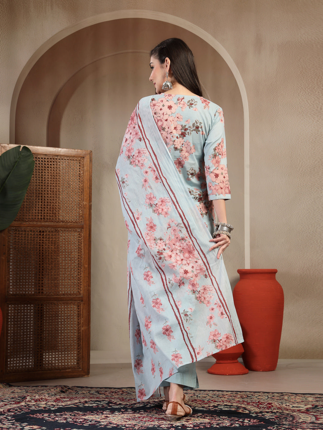 Cotton Calf Length Printed 3/4 Sleeves V-Neck Straight Kurta Suit Set With Dupatta