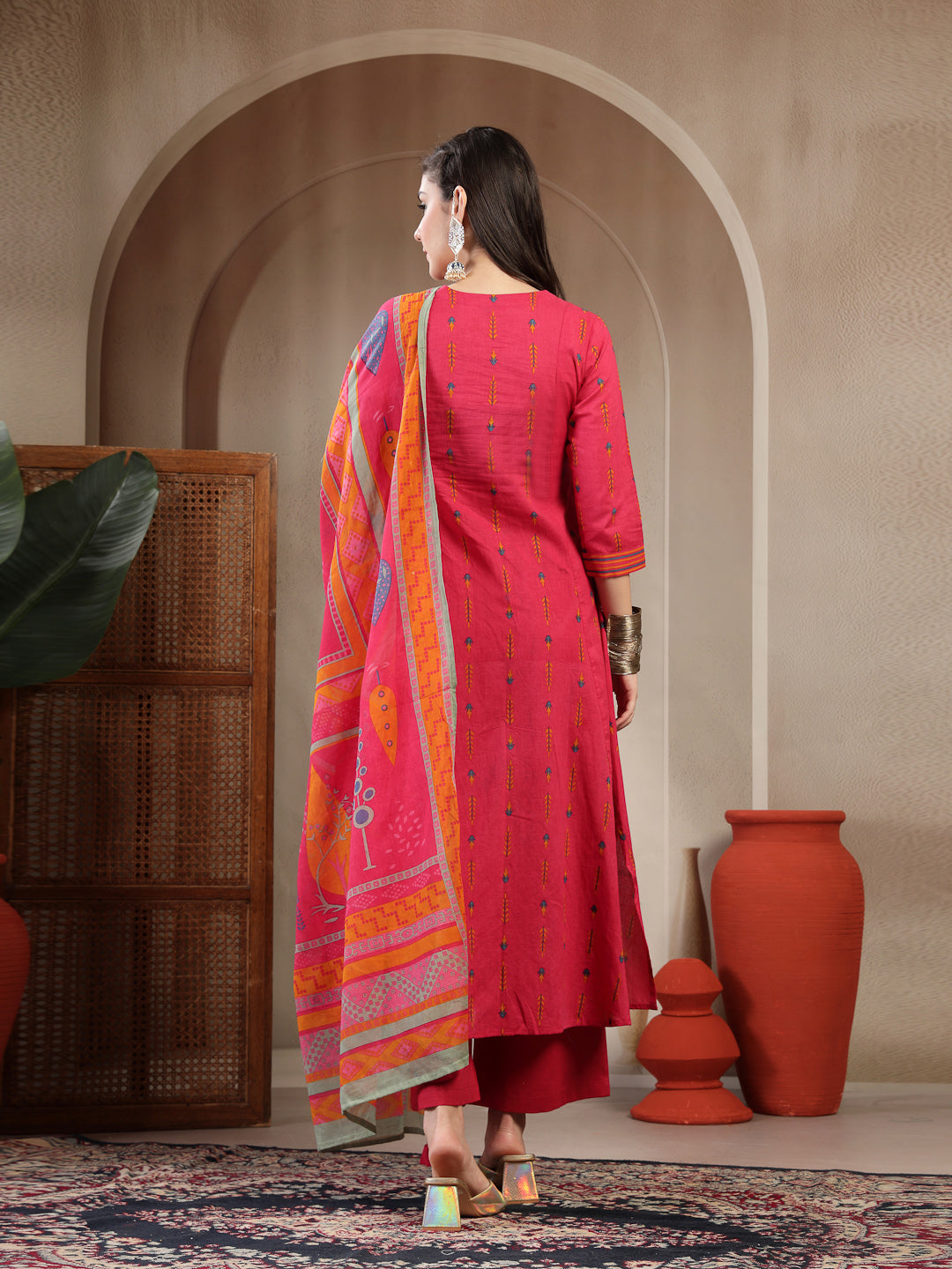 Rayon Calf Length Printed 3/4 Sleeves Round Neck A-Line Kurta Suit Set With Dupatta (Pre-Order)
