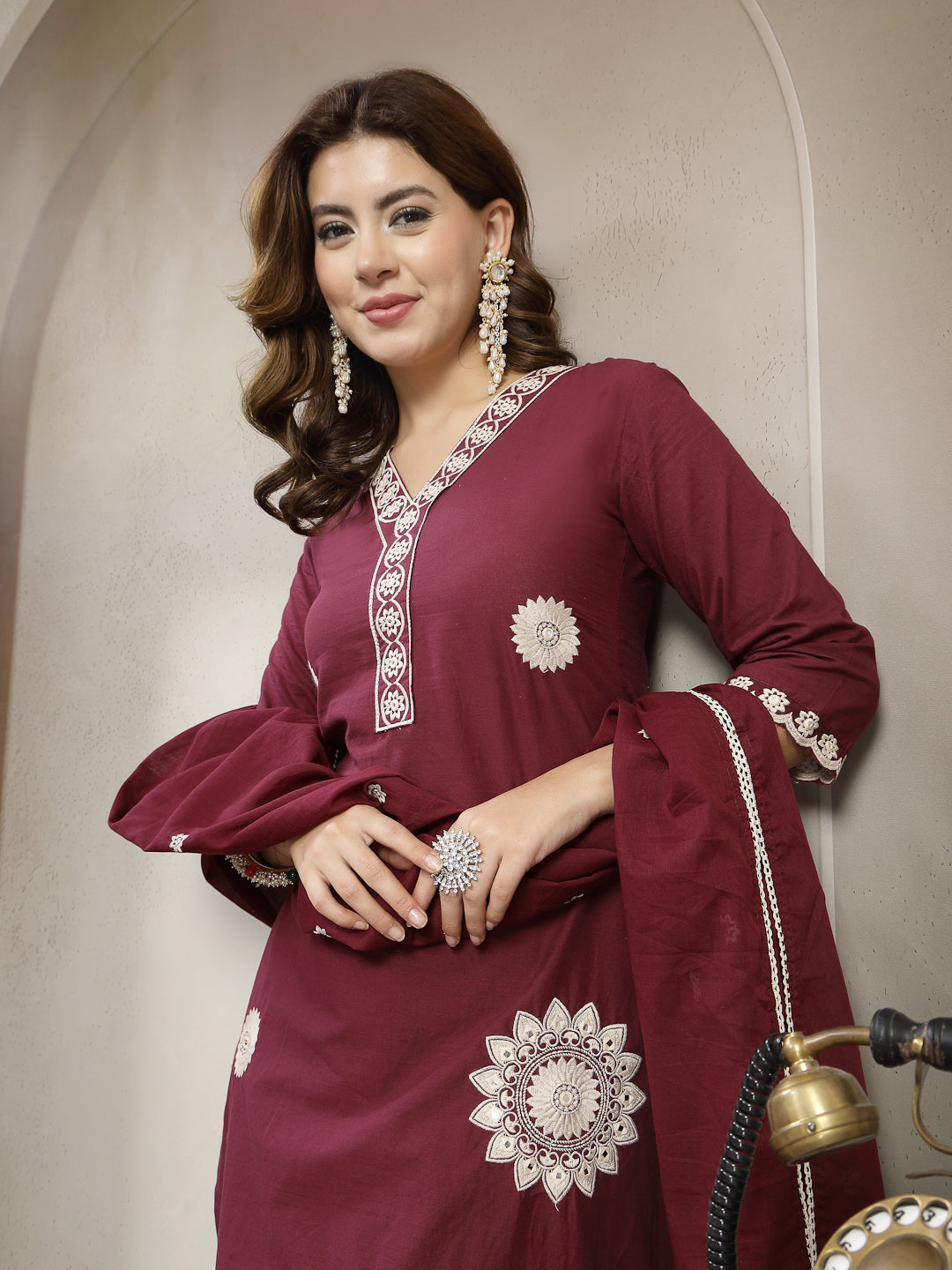 Straight Solid Cotton V-Neck Kurta Set With Dupatta