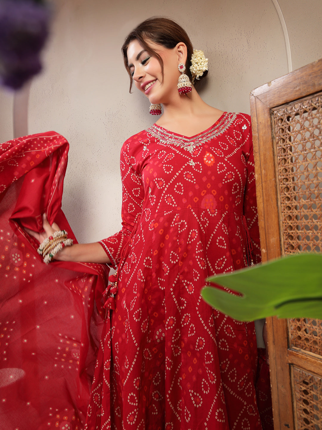 Flared Printed Cotton V-Neck Kurta Set With Dupatta