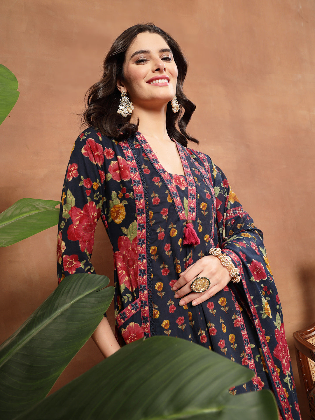 Flared Printed Cotton V-Neck Kurta Set With Dupatta