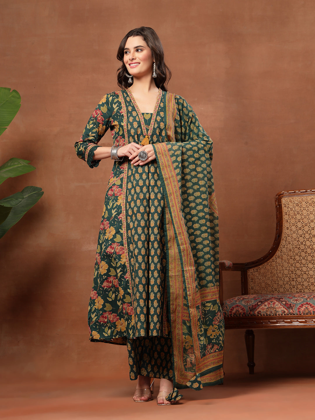 Flared Printed Cotton V-Neck Kurta Set With Dupatta