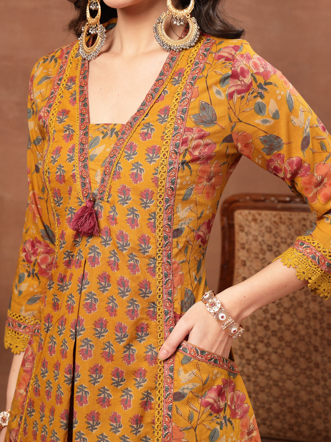 Flared Printed Cotton V-Neck Kurta Set With Dupatta