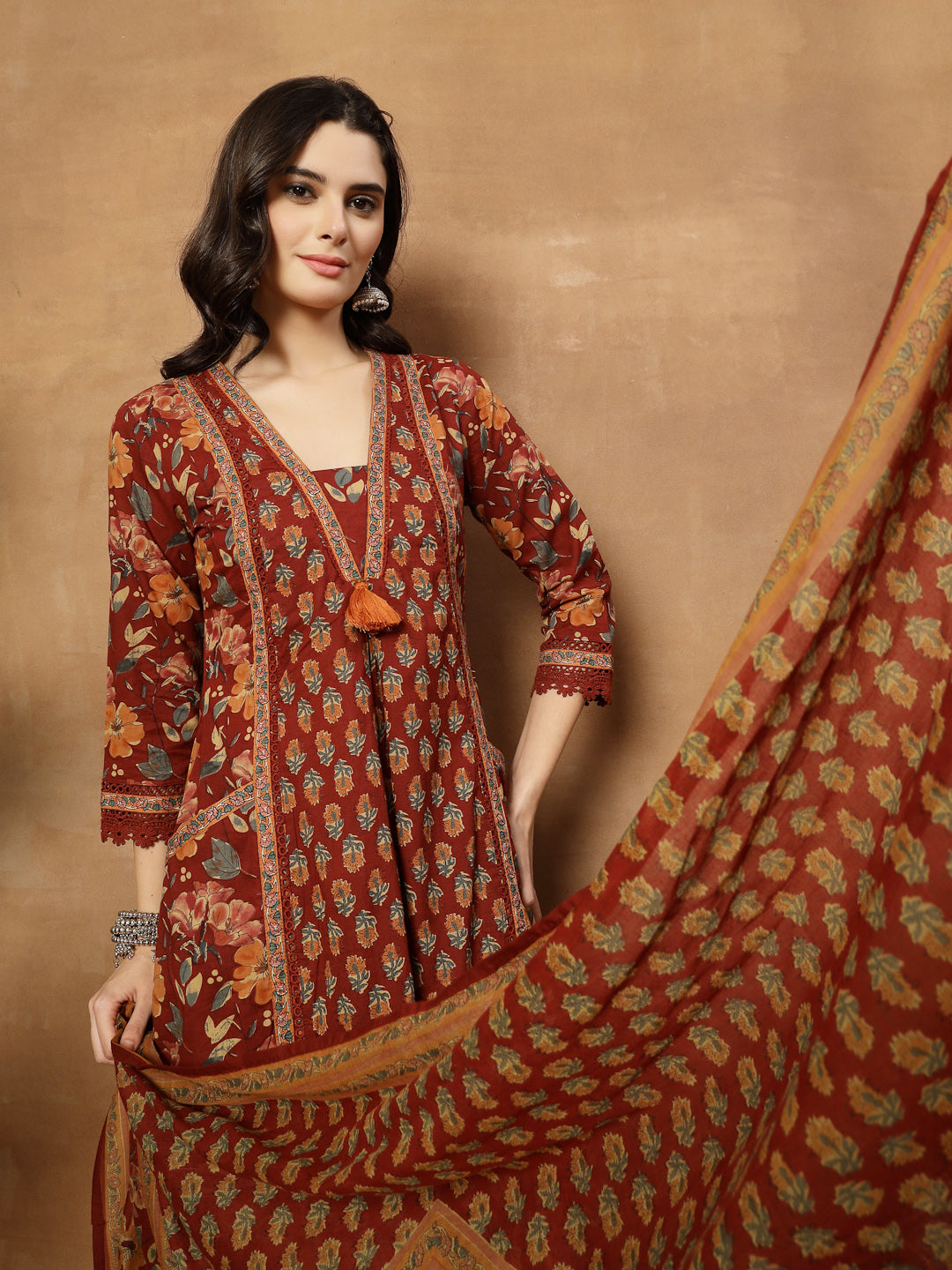 Flared Printed Cotton V-Neck Kurta Set With Dupatta