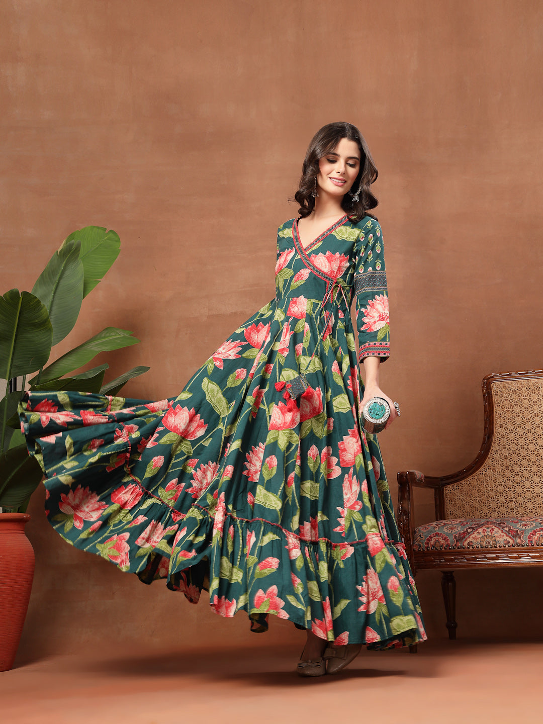 Flared Printed Cotton V-Neck Dress