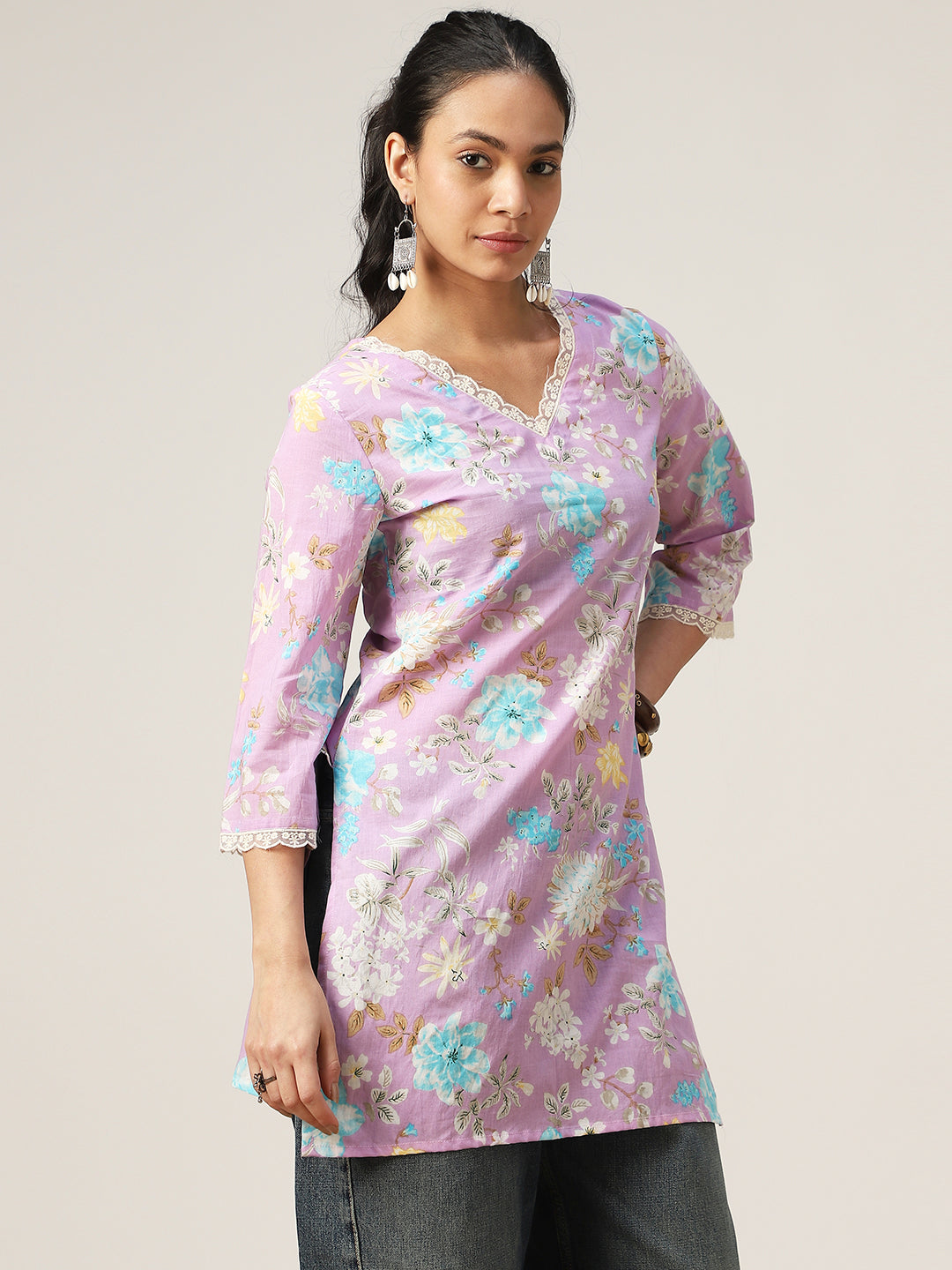 Straight Printed Cotton V-Neck Top