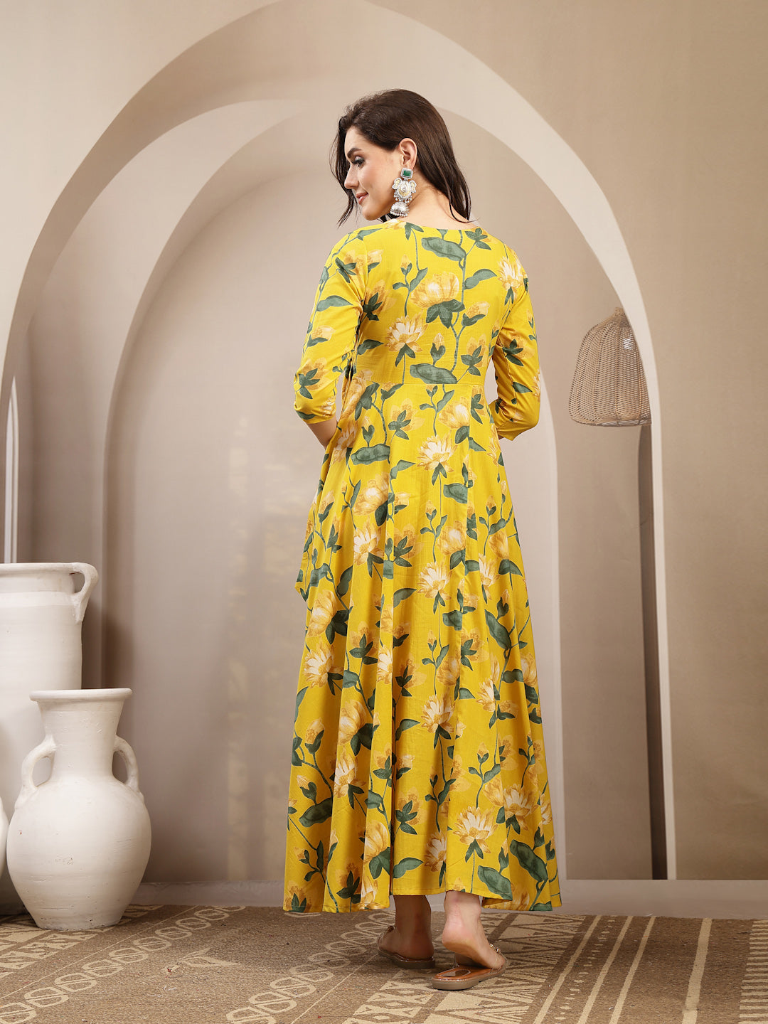 Cotton Calf Length Printed 3/4 Sleeve V-Neck Flared Kurta