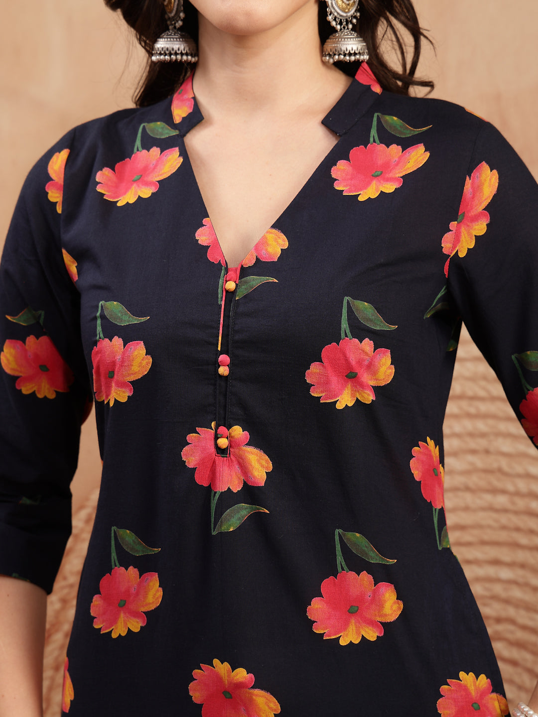 Cotton Calf Length Printed 3/4 Sleeve V-Neck Straight Kurta