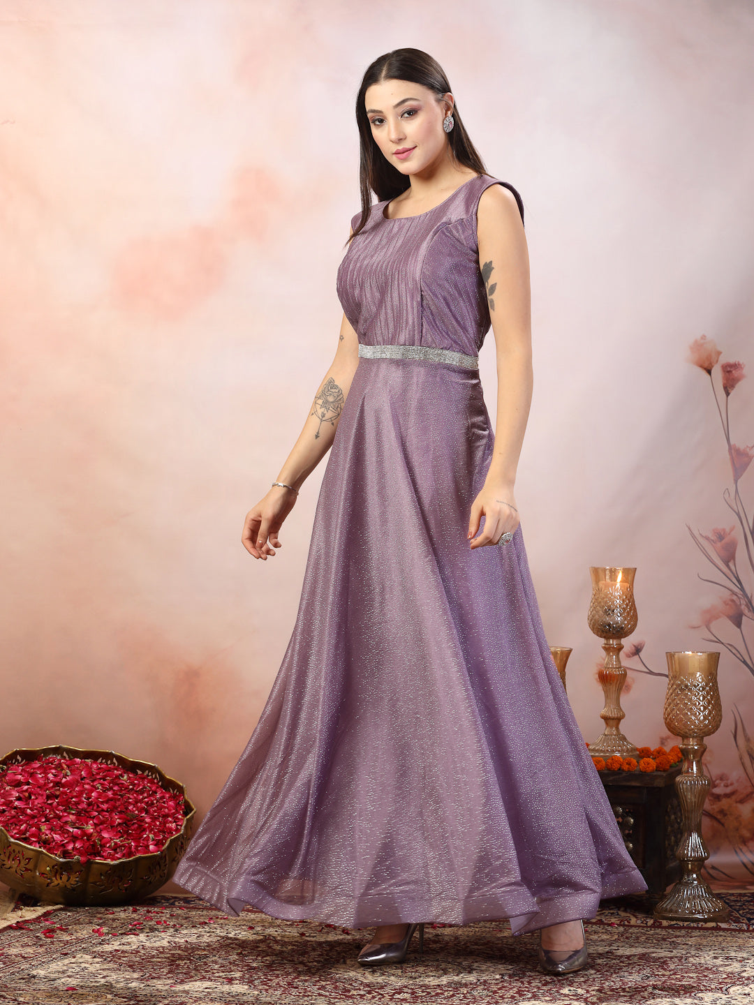 Lavender Party Wear Shimmer Lycra Gown