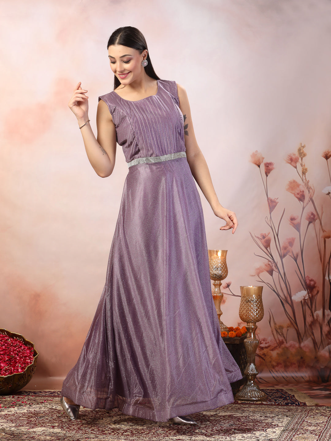Lavender Party Wear Shimmer Lycra Gown