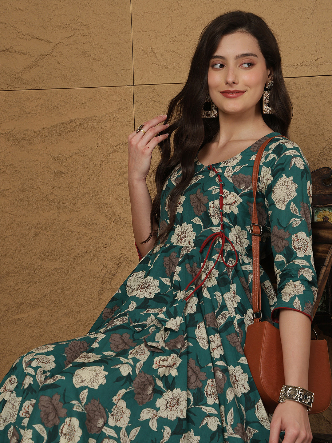 Women Cotton Printed Ankle Length Three-Quarter Sleeves Round Neck Anarkali Kurta