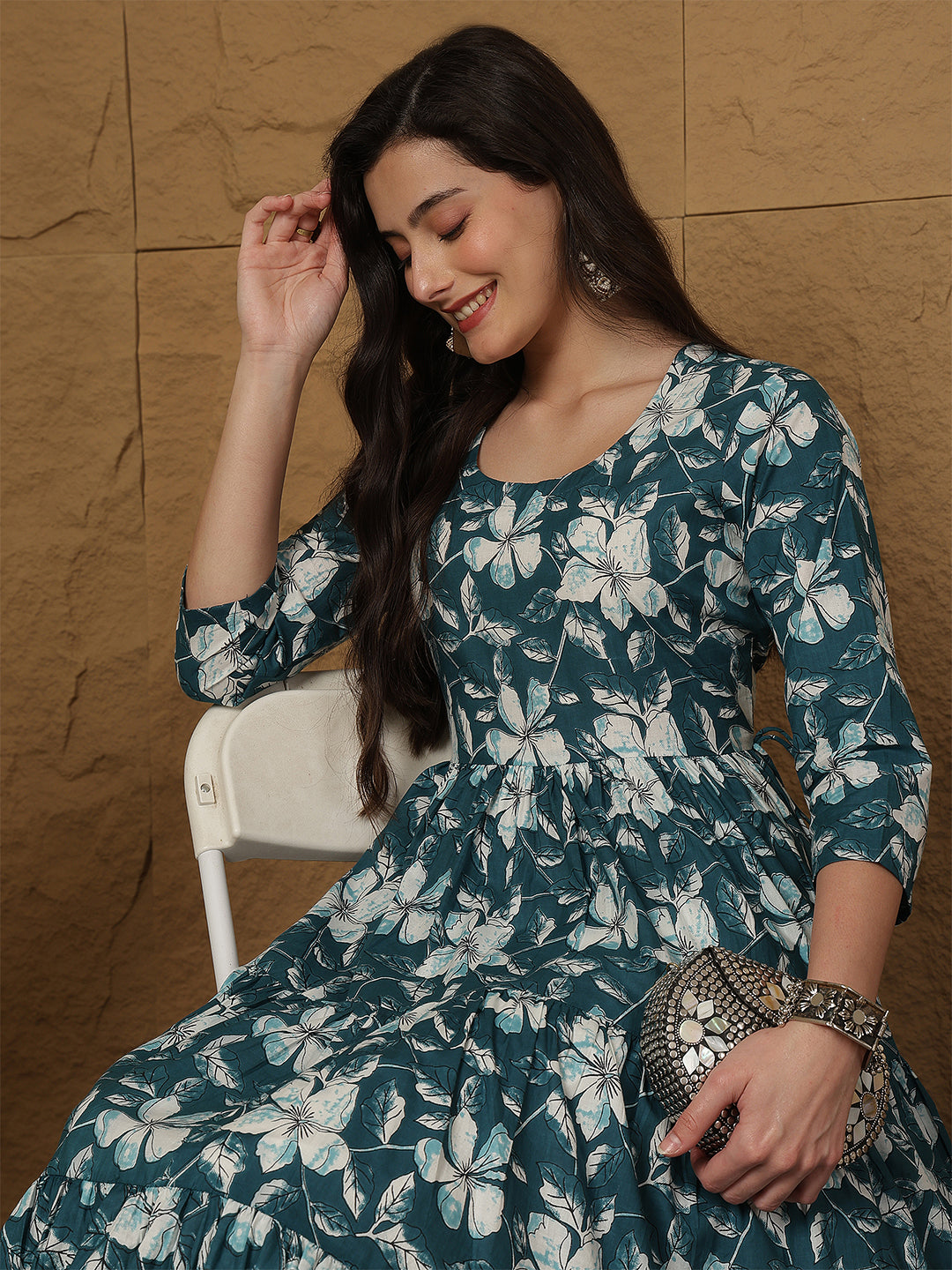 Women Rayon Printed Ankle Length Three-Quarter Sleeves Round Neck Tiered Kurta