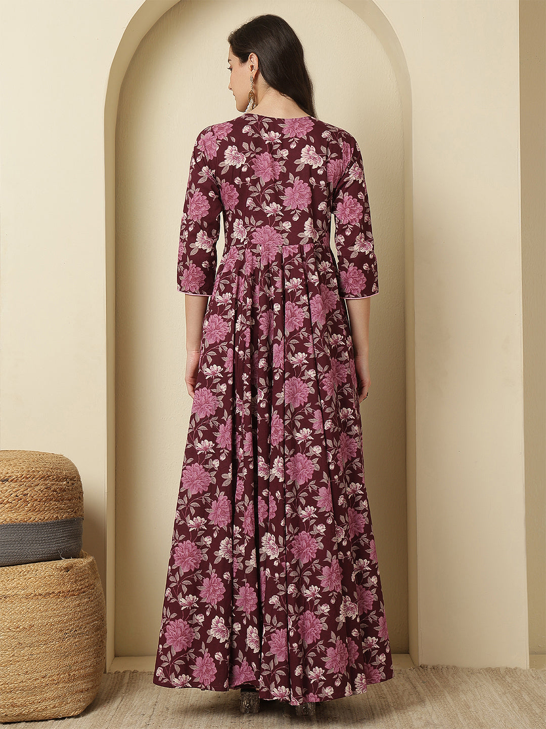 Women Cotton Printed Ankle Length Three-Quarter Sleeves Round Neck Anarkali Kurta