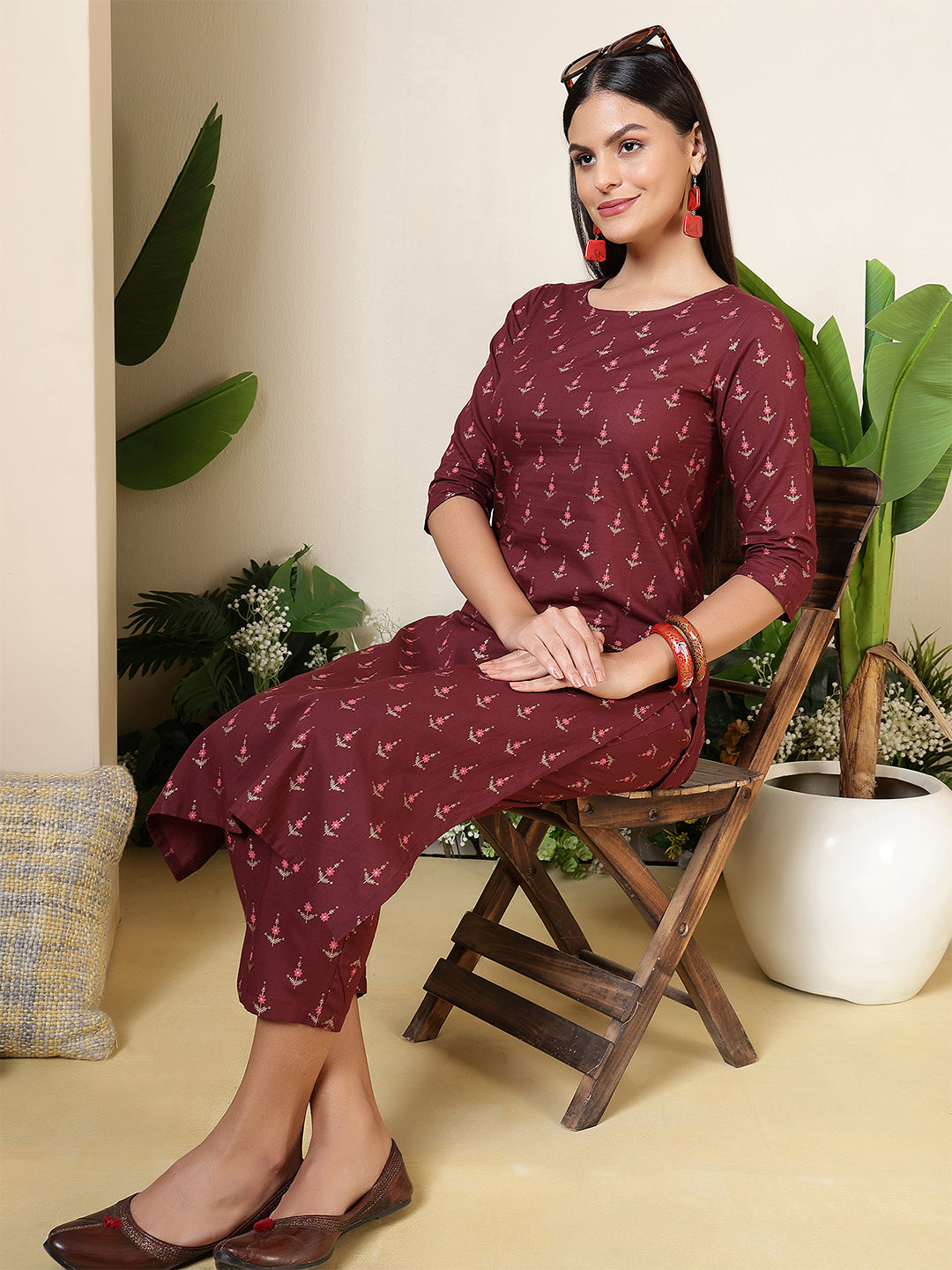 Burgundy Printed Kurta with Palazzos