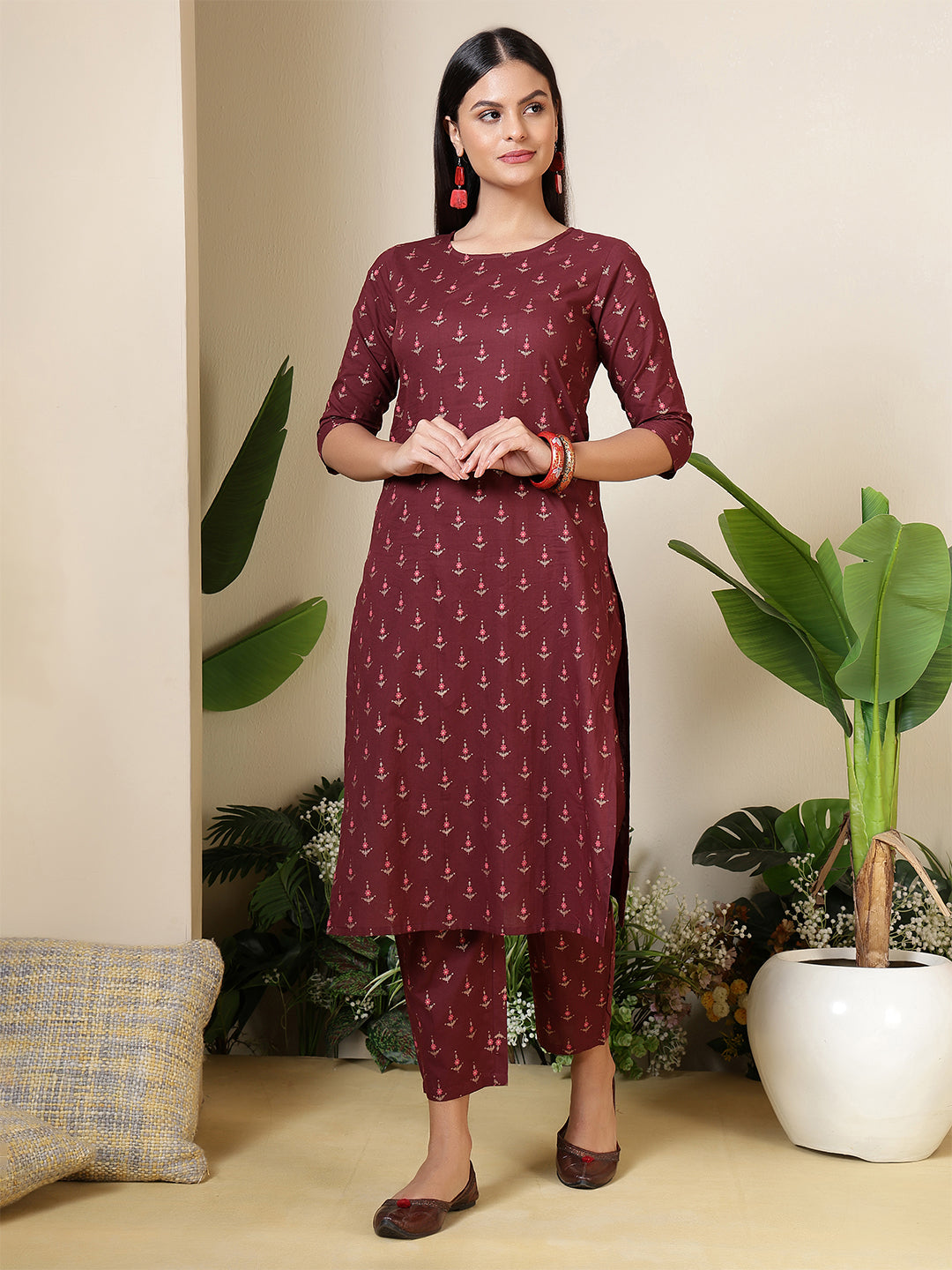 Burgundy Printed Kurta with Palazzos
