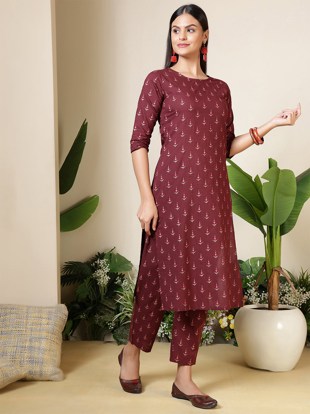 Burgundy Printed Kurta with Palazzos
