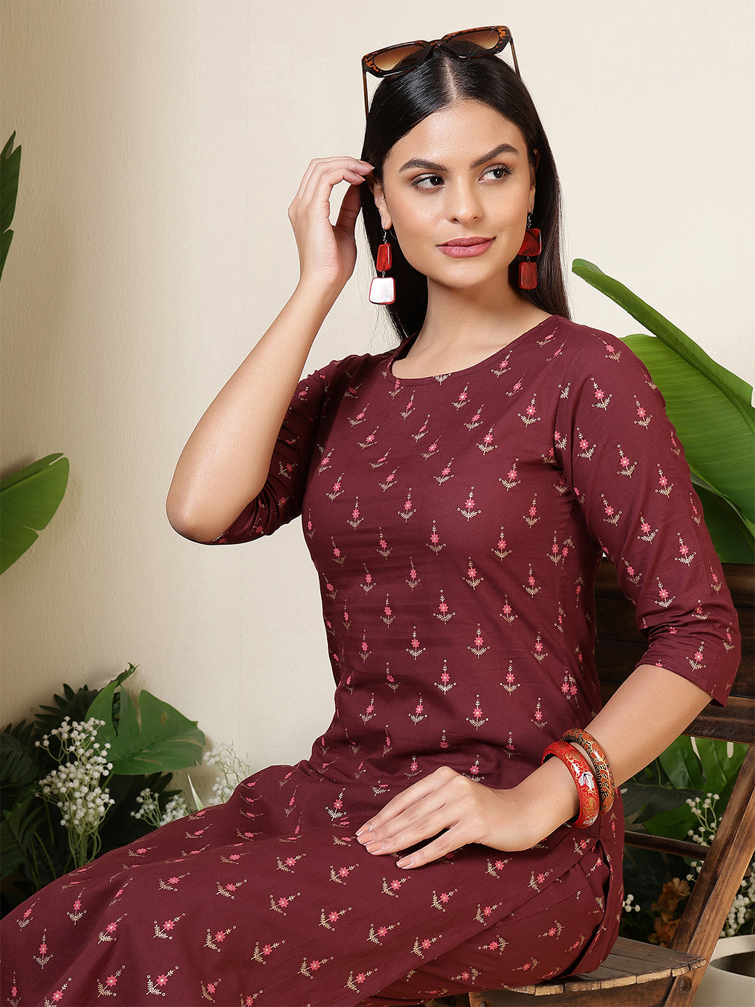 Burgundy Printed Kurta with Palazzos