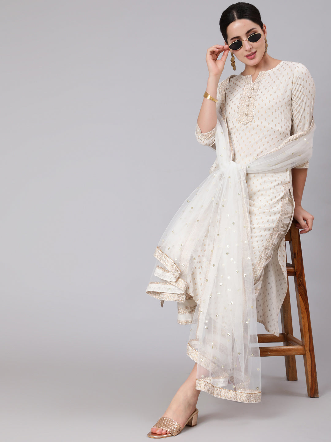 White Gold Printed Straight Kurta Set With Net Dupatta