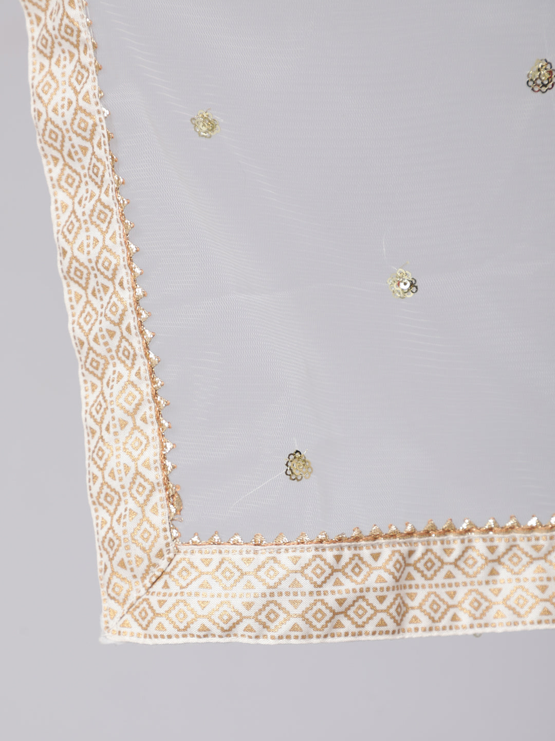 White Gold Printed Straight Kurta Set With Net Dupatta