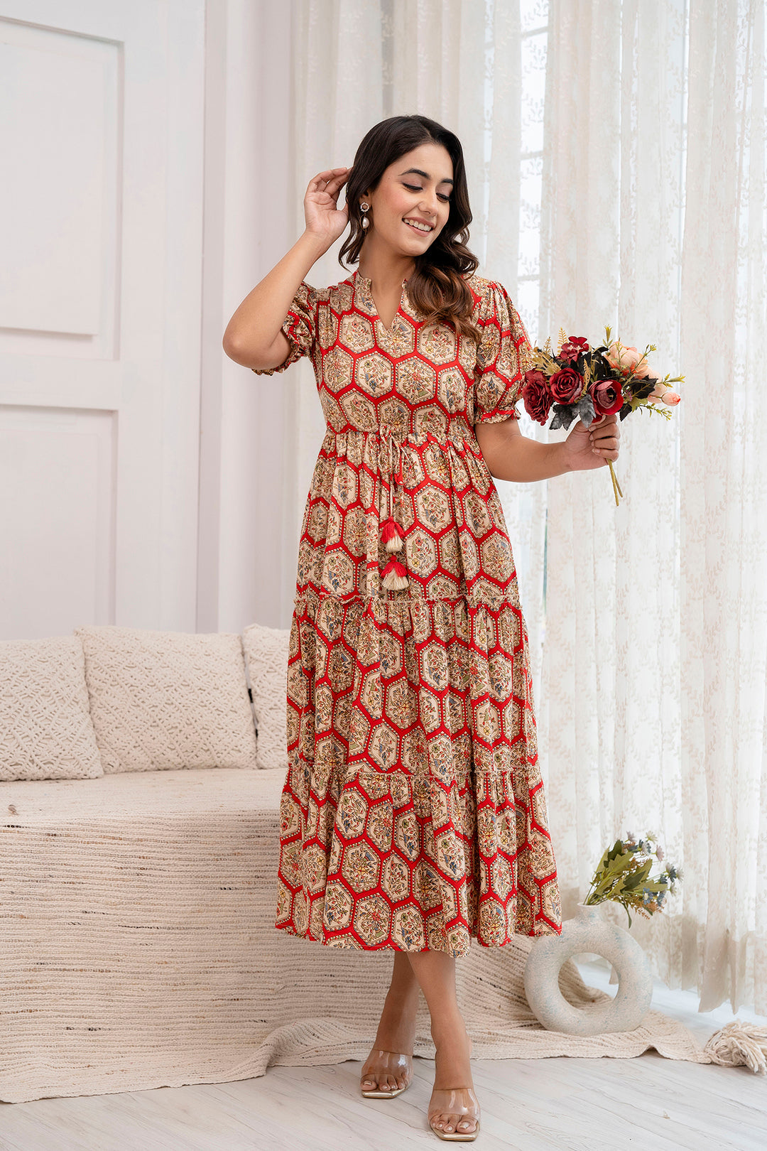 Red Printed Flared Dress