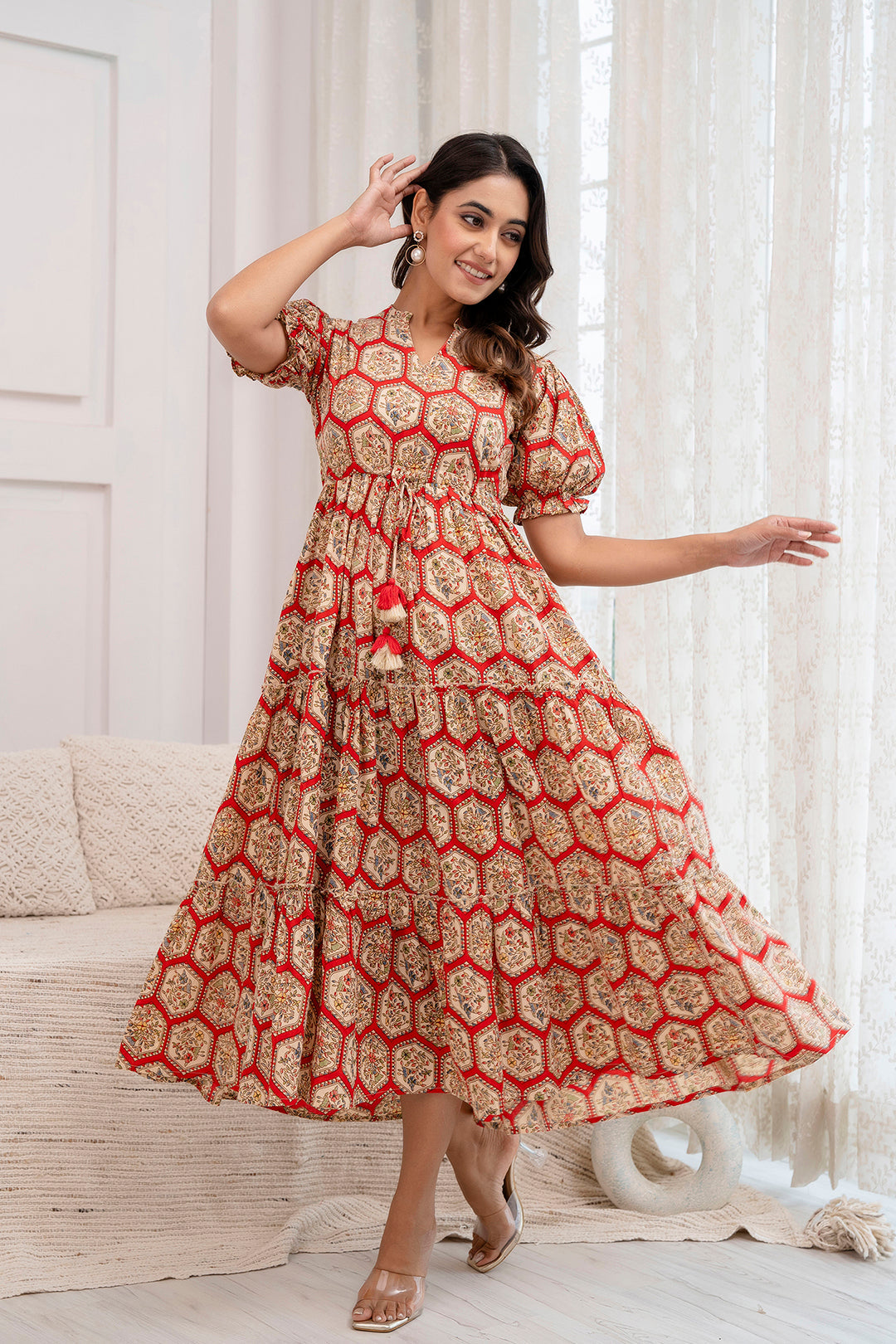 Red Printed Flared Dress