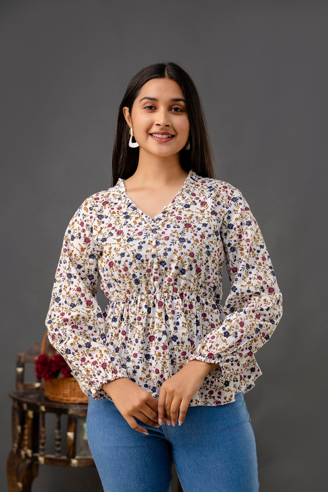 Off White Printed V-Neck Peplum Tunic