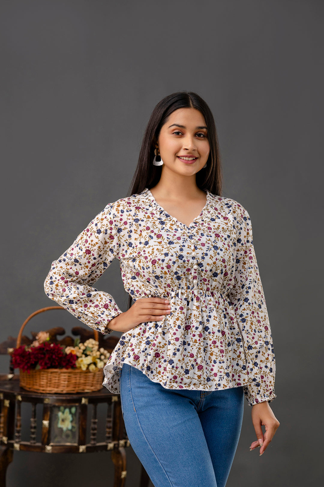 Off White Printed V-Neck Peplum Tunic