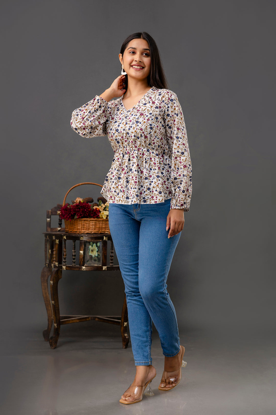 Off White Printed V-Neck Peplum Tunic
