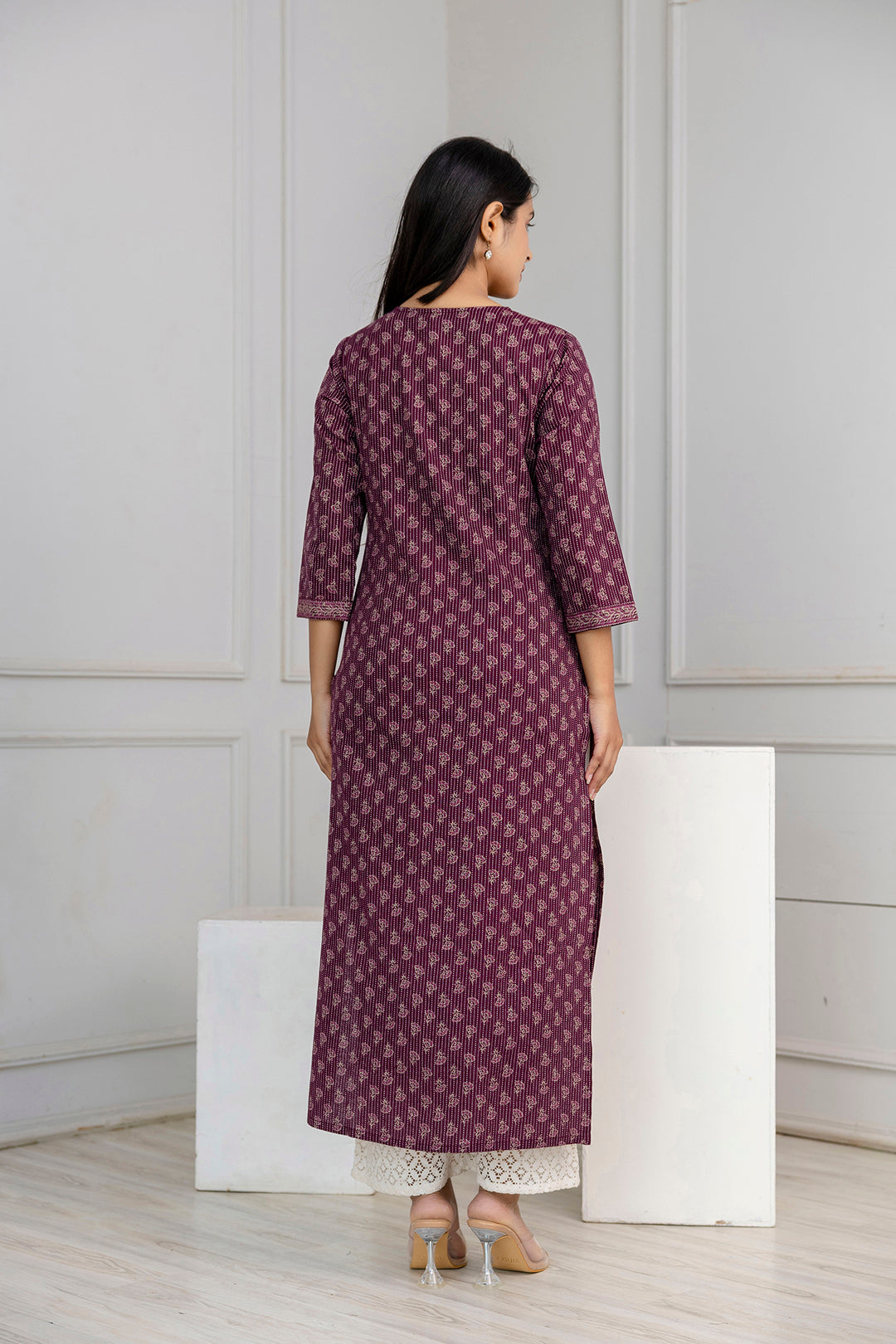 Burgundy Printed Straight Kurta With Three Quarter Sleeves