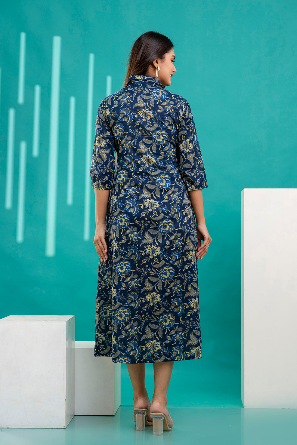 Blue Printed Flared Dress With Three Quarter Sleeves