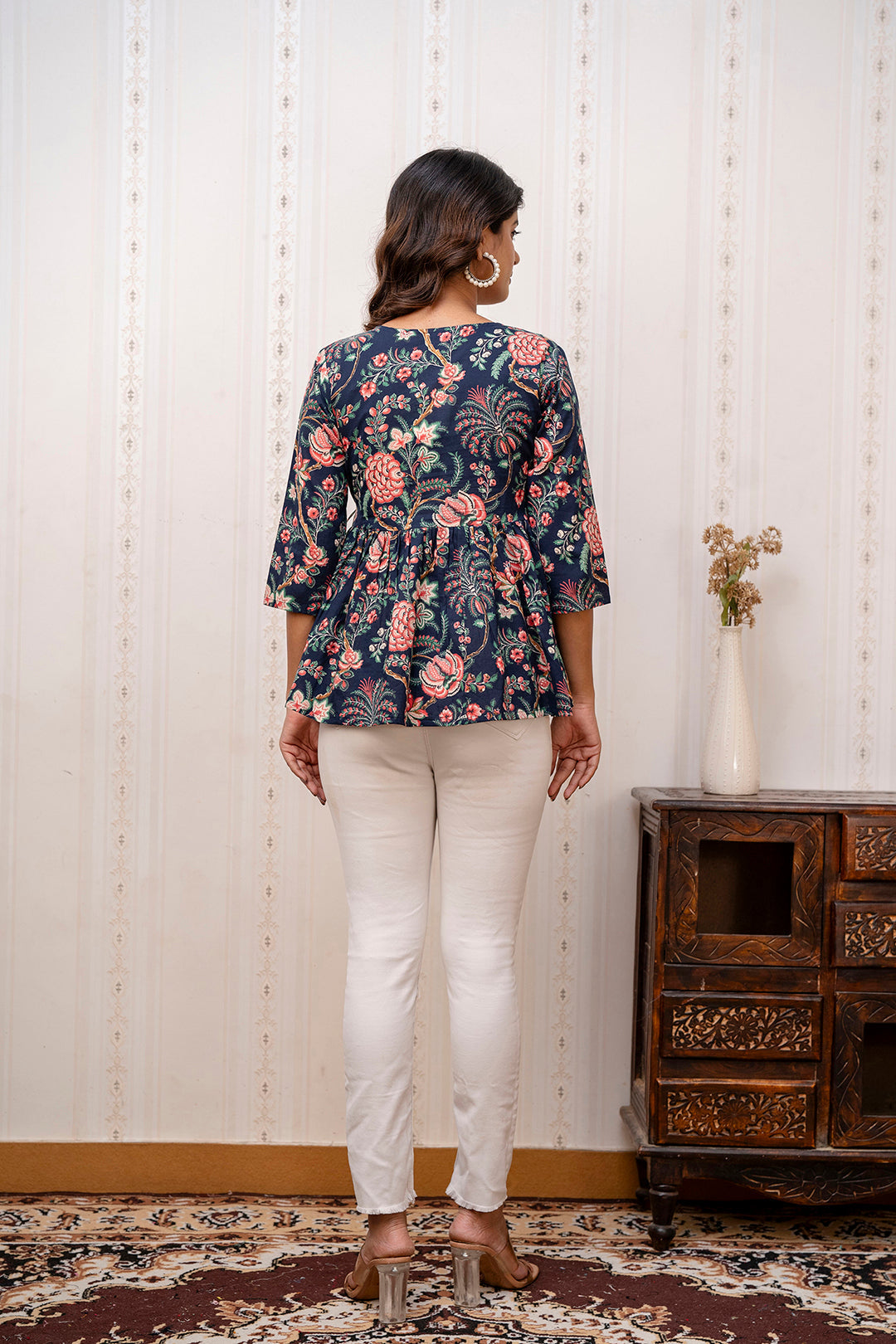 Navy Blue Printed V-Neck Peplum Tunic