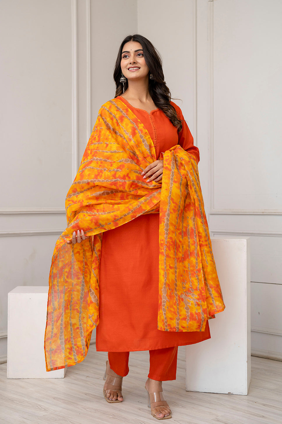 Orange Straight Kurta Set With Printed Dupatta