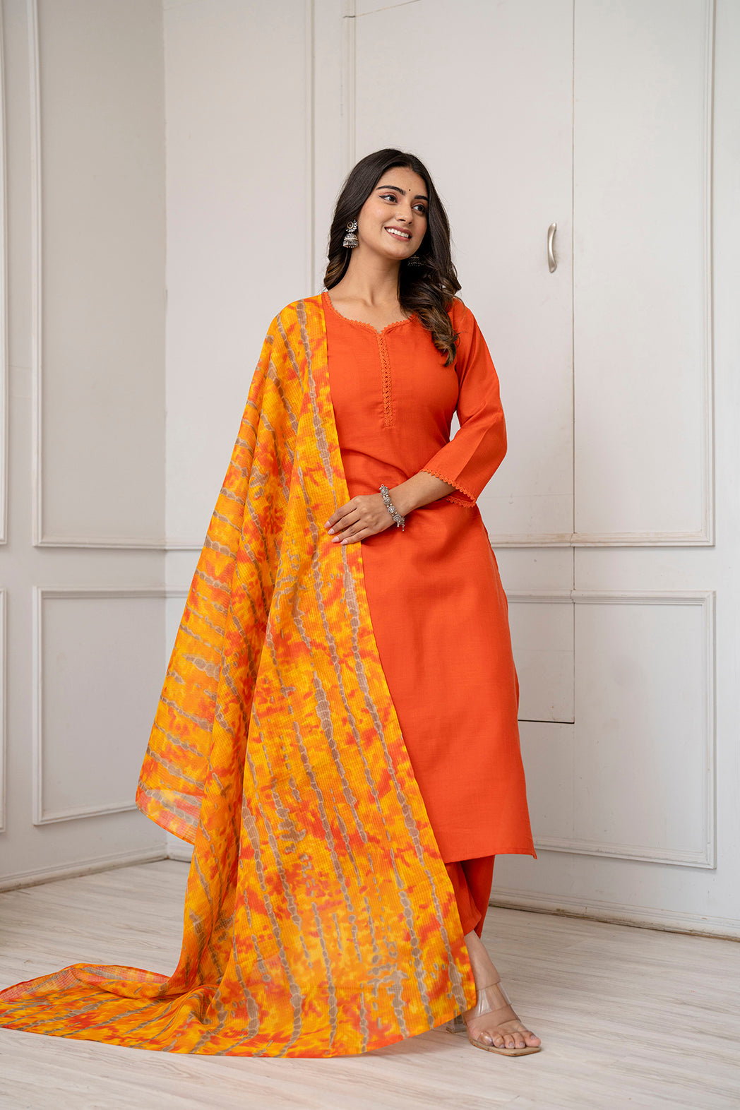 Orange Straight Kurta Set With Printed Dupatta