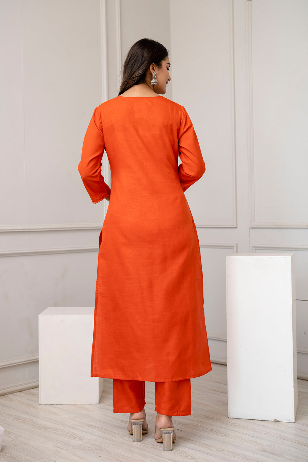 Orange Straight Kurta Set With Printed Dupatta