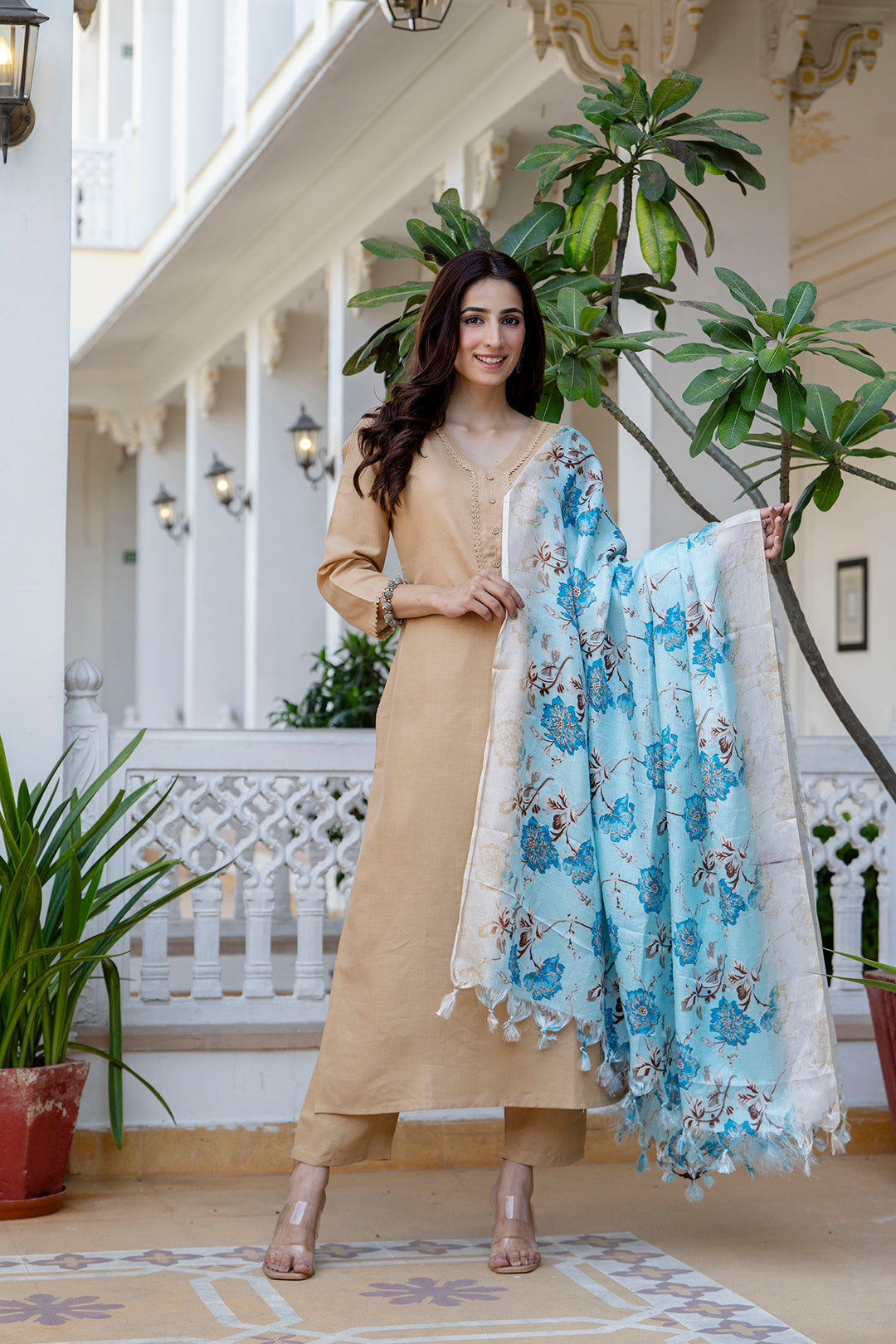 Beige Straight Kurta Set With Printed Dupatta