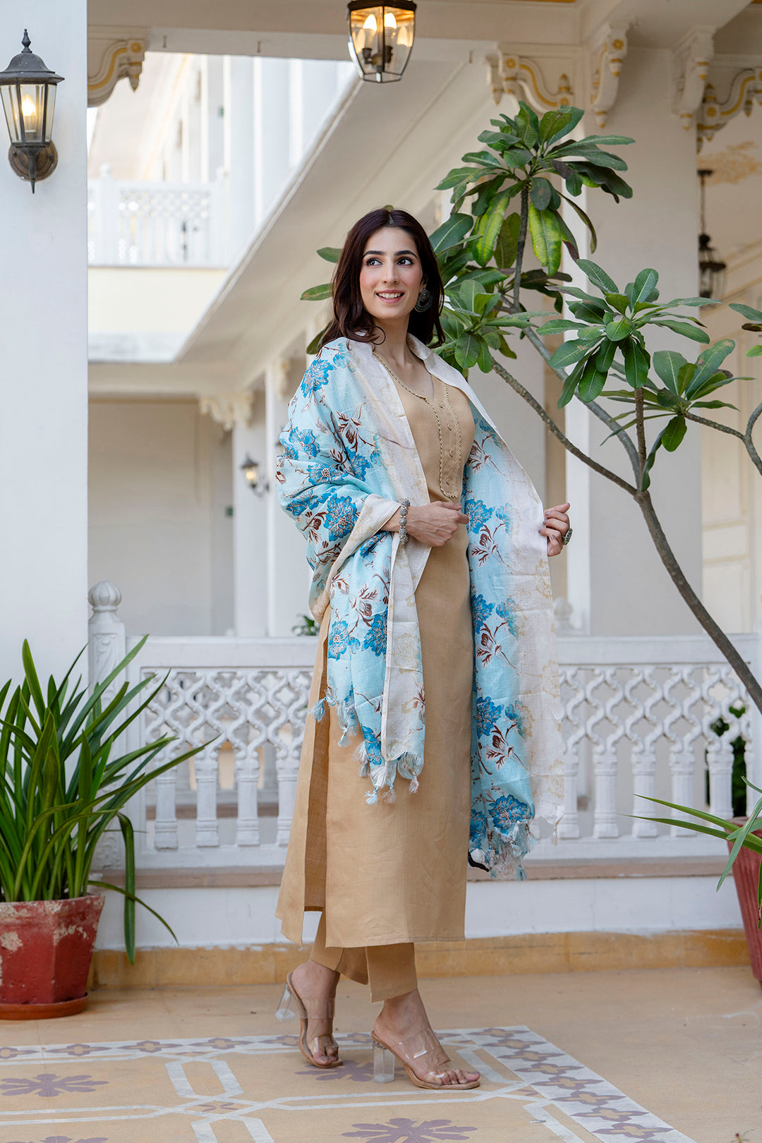 Beige Straight Kurta Set With Printed Dupatta