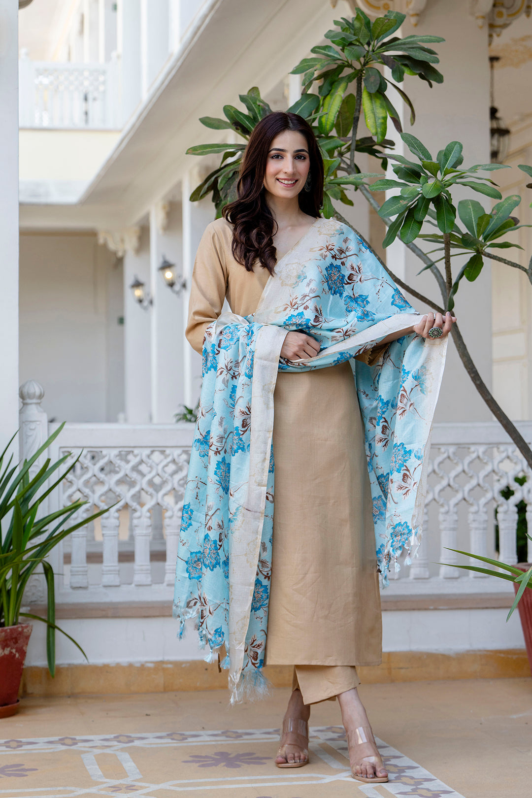 Beige Straight Kurta Set With Printed Dupatta