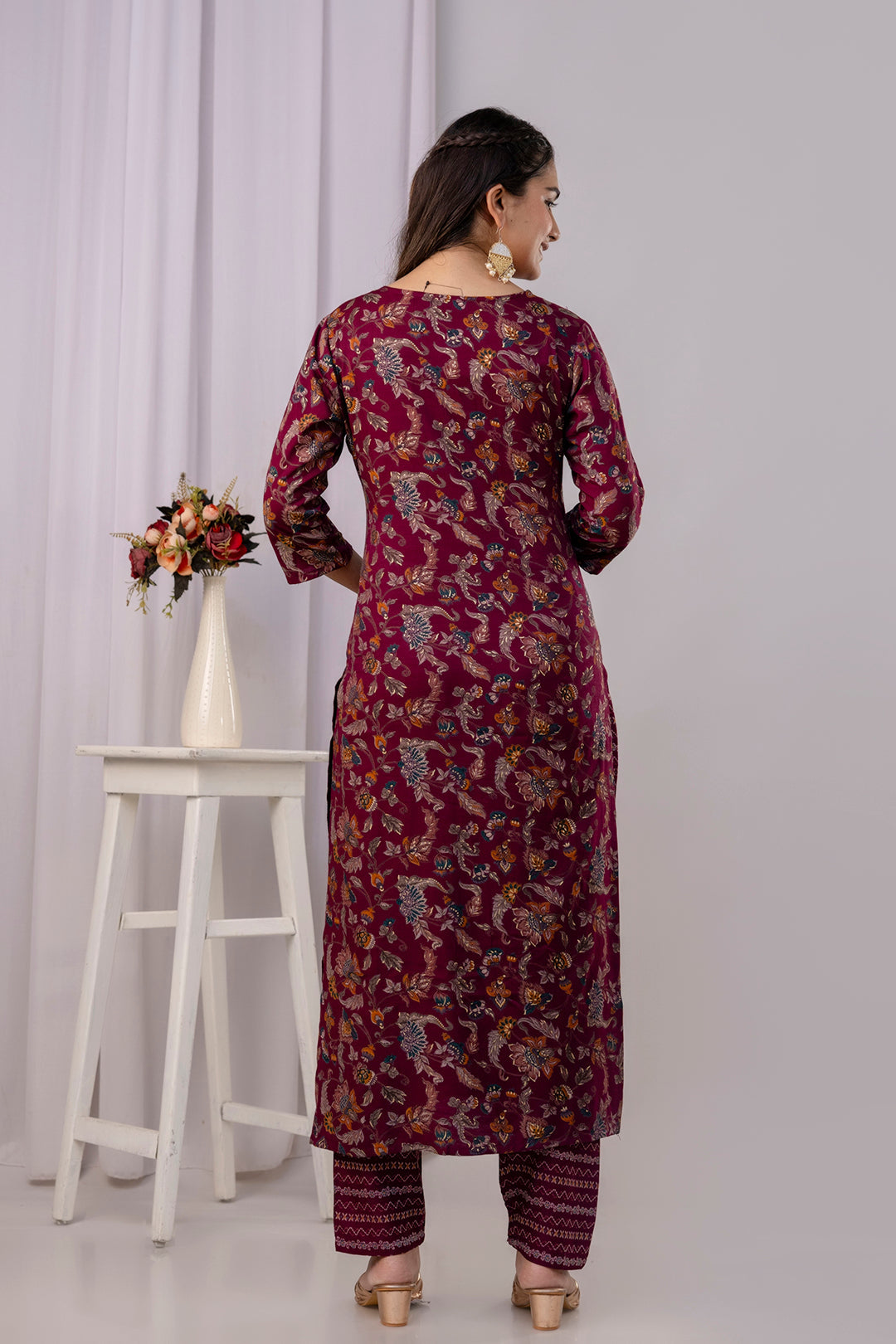 Burgundy Straight Kurta Set With Printed Dupatta