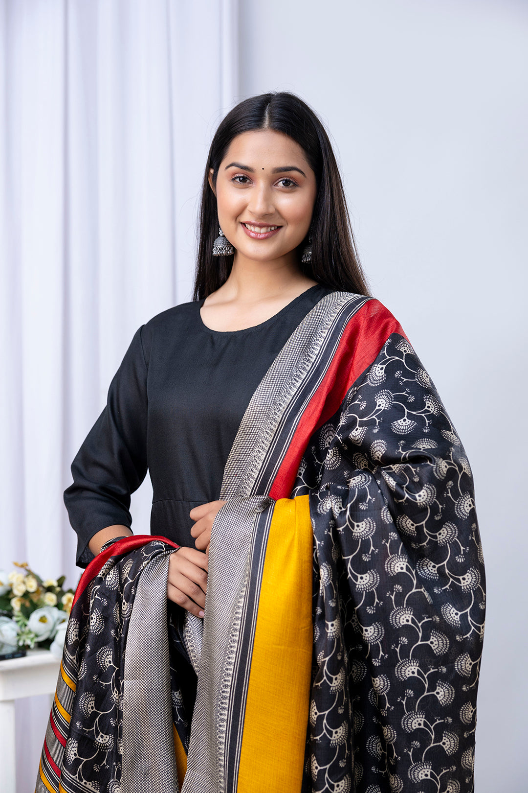 Black Straight Kurta Set With Printed Dupatta