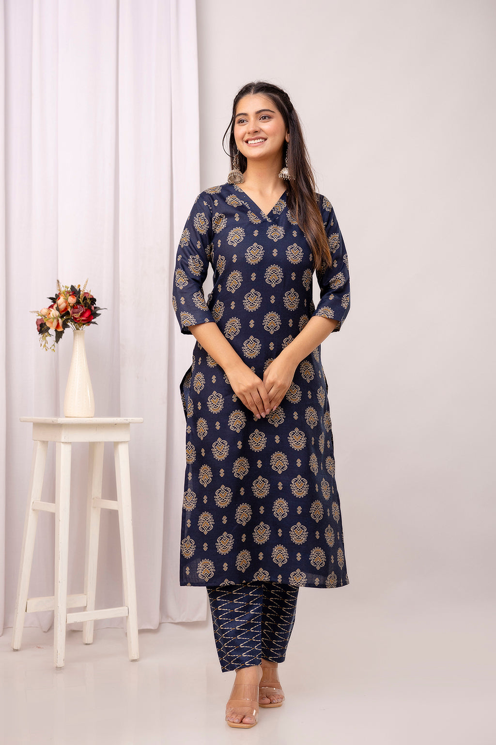 Navy Blue Printed Straight Kurta Set With Dupatta