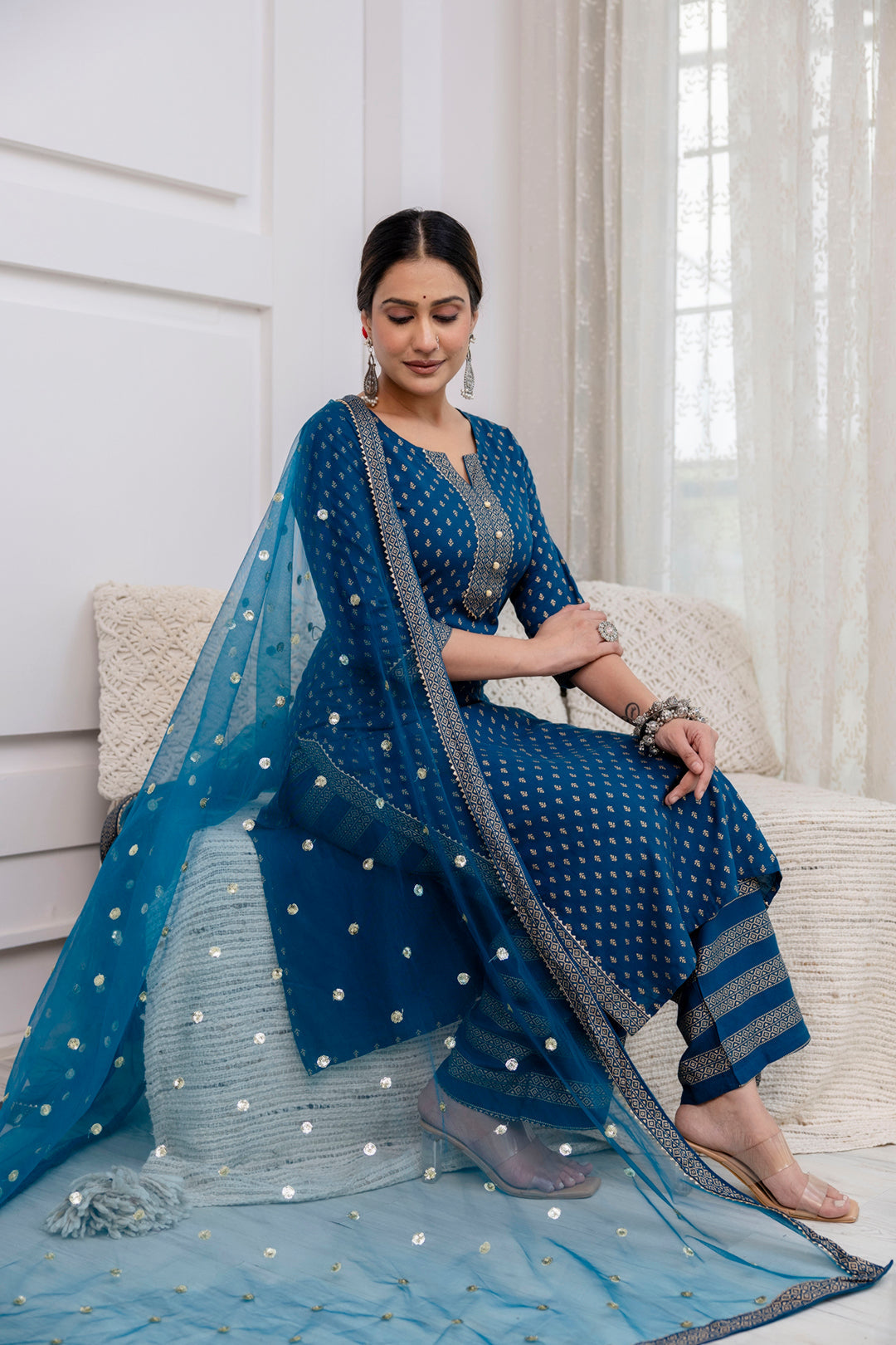 Blue Gold Printed Straight Kurta Set With Net Dupatta