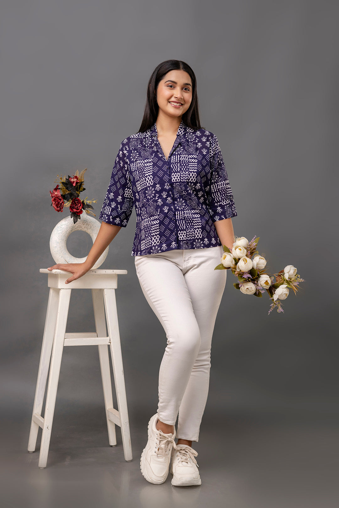 Navy Blue Printed Straight Top