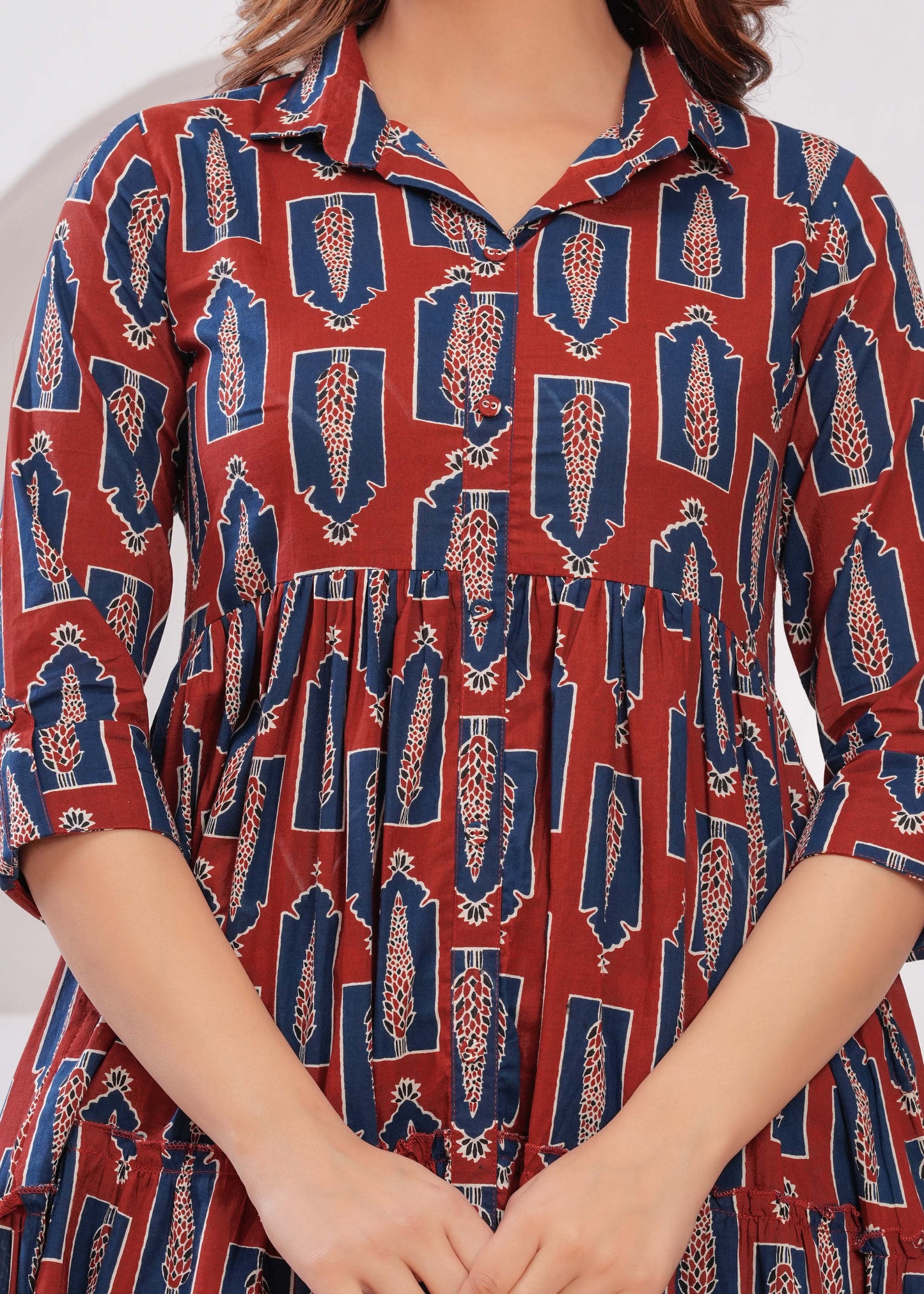 Maroon Ethnic Printed Flared Dress