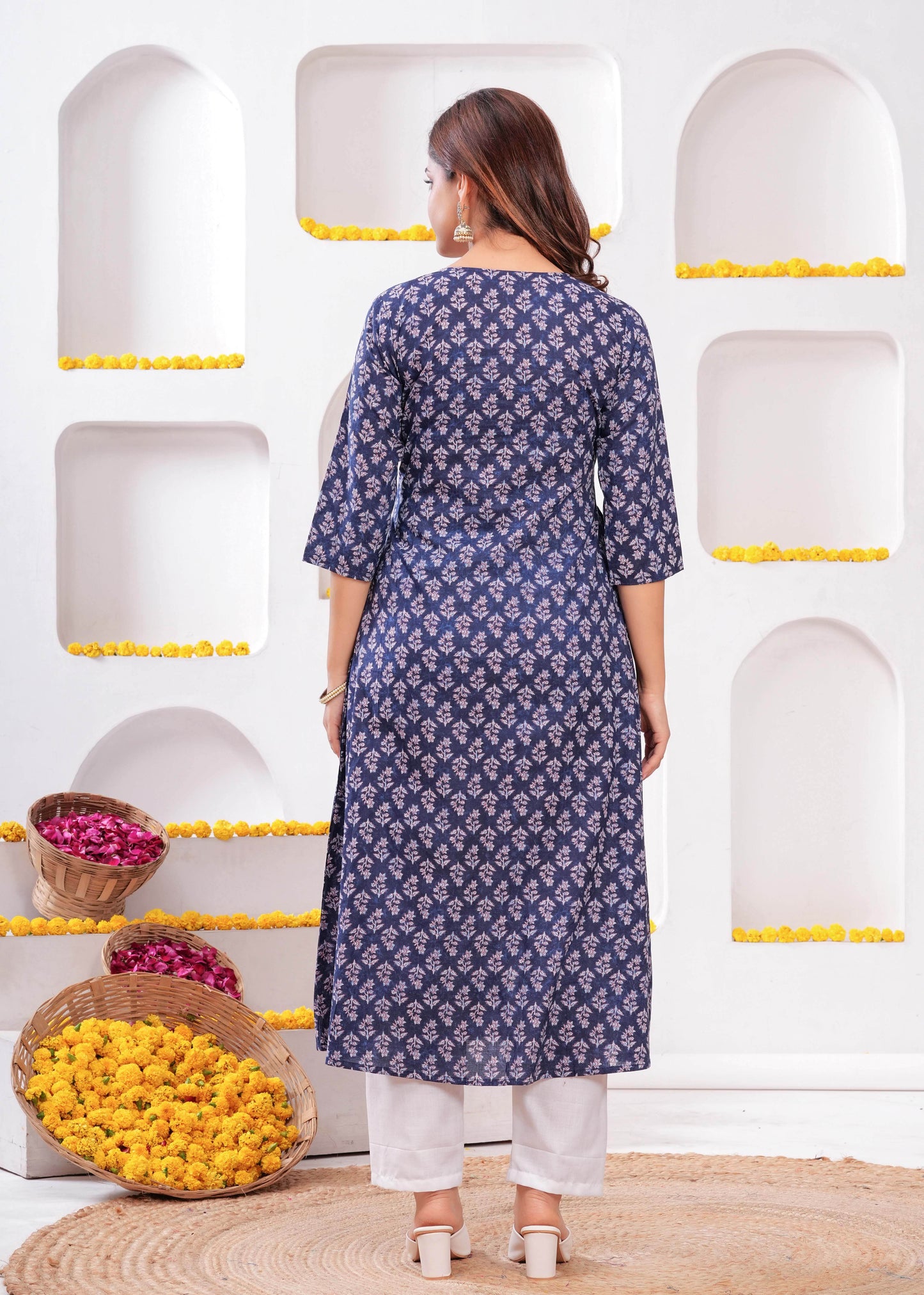 Blue Printed A-Line Kurta with Three Quarter Sleeves