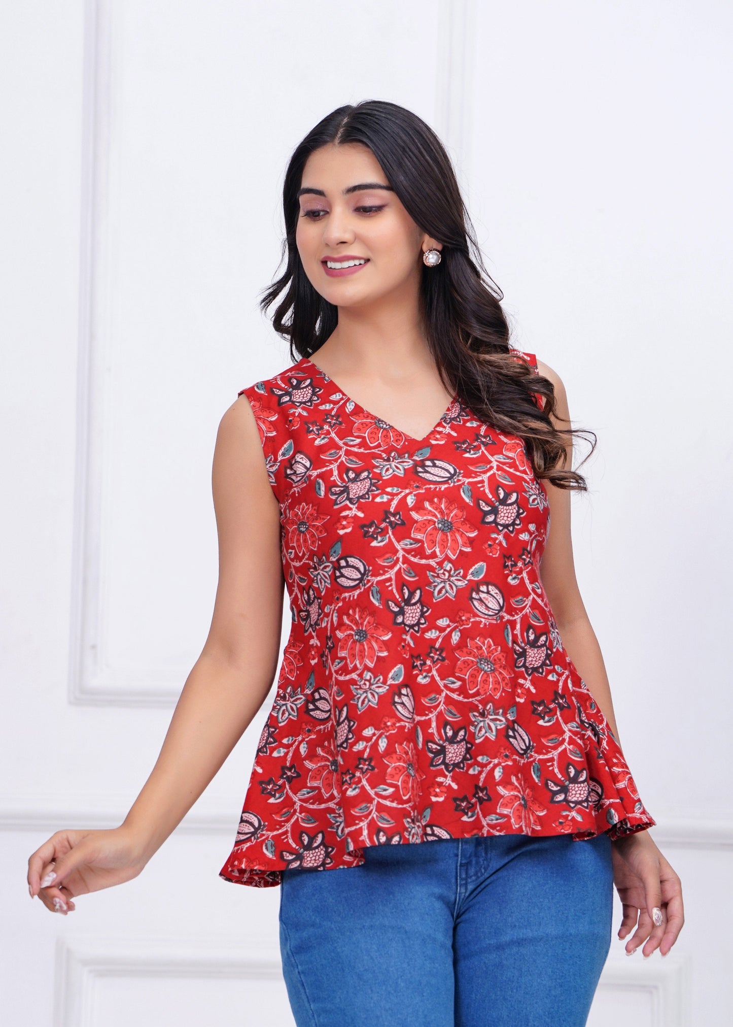 Red Floral Printed Peplum Tunic