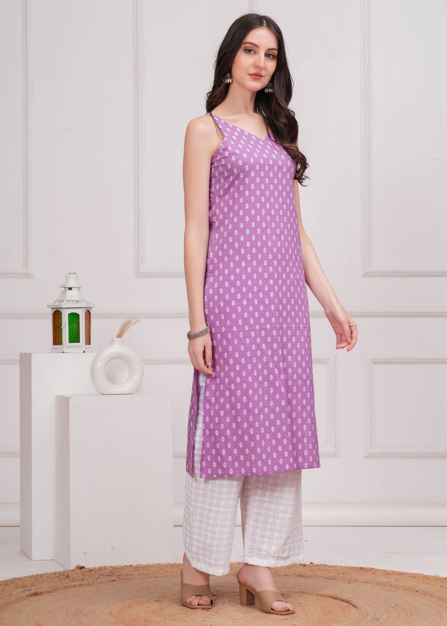 Purple Printed Straight Shoulder Straps Kurta