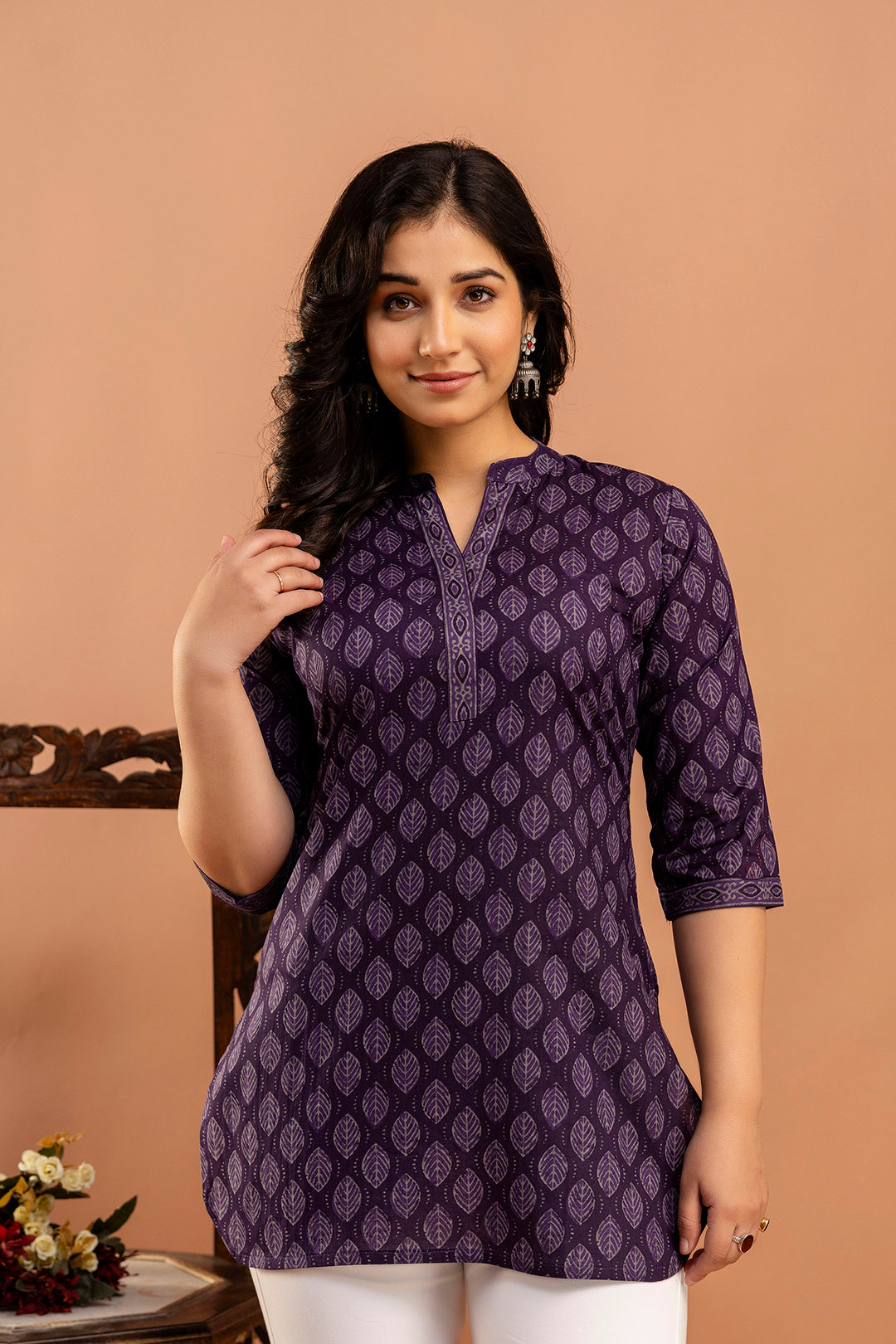 Purple Printed Straight Tunic With Three Quarter Sleeves